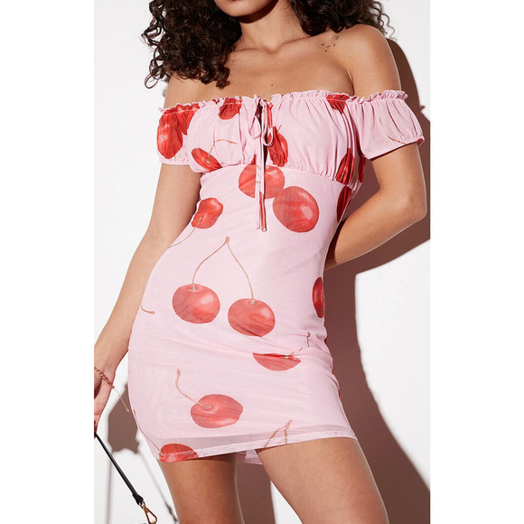 Coquette Cherry Mini Dress Mesh Off-The-Shoulder Medium Pink Red Ruffle - Picture 1 of 5
